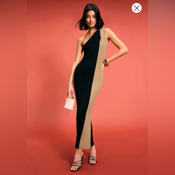 By Malene Birger Black and Tan One-Shoulder Ribbed Maxi Dress